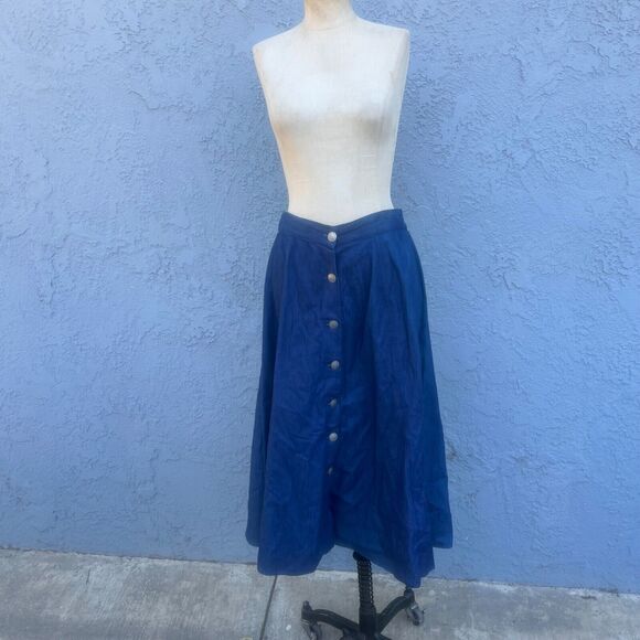 Vintage Western Skirt Womens Medium Blue Chambray Midi Nickel Button Cowgirl - Picture 9 of 12